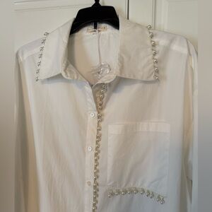 Elegant White Pearl-Embellished Button Down (over sized)